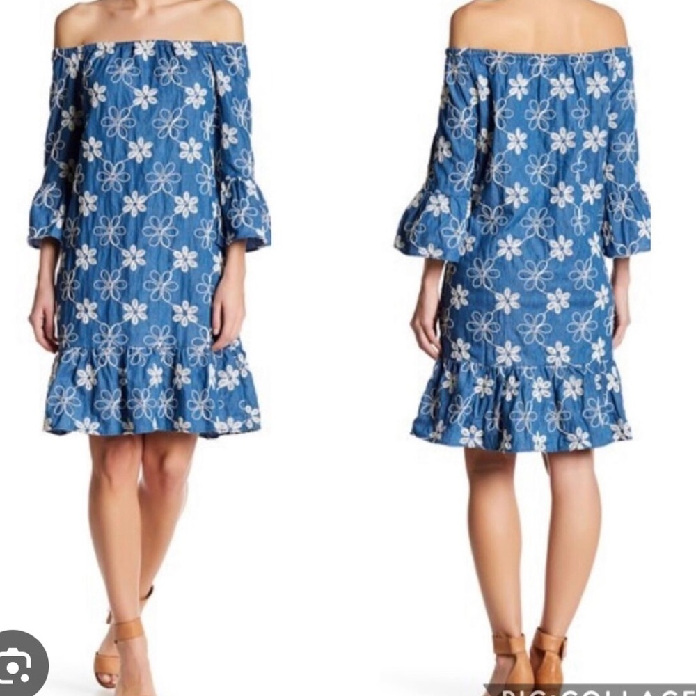 LABEL size 6 Blue and White Smocked Off-Shoulder Mini Dress